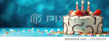Birthday cake with candles, strawberries, and decorations on a blue background 131245332