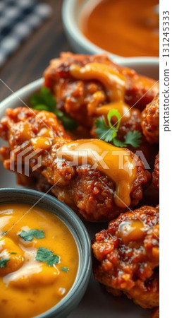 Delicious crispy chicken wings with spicy sauce and savory dip served in a cozy setting 131245333