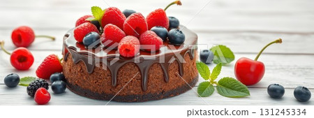 Chocolate cake topped with fresh berries and mint leaves on a wooden table 131245334