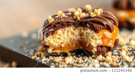 Indulgent chocolate caramel dessert with crispy topping and creamy filling enjoyed during an afternoon treat Indulgent chocolate caramel dessert with crispy topping and creamy filling enjoyed during an afternoon treat 131245348