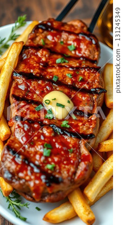 Savory grilled meat served with crispy fries and sauce on a wooden table 131245349