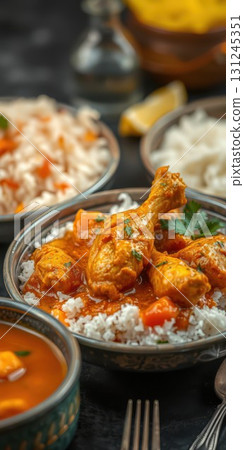 Delicious chicken curry served on a bed of rice with colorful vegetables at a cozy dining table Delicious chicken curry served on a bed of rice with colorful vegetables at a cozy dining table 131245351