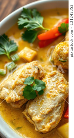 Savory chicken dish with vibrant sauce and fresh herbs served in a bowl 131245352