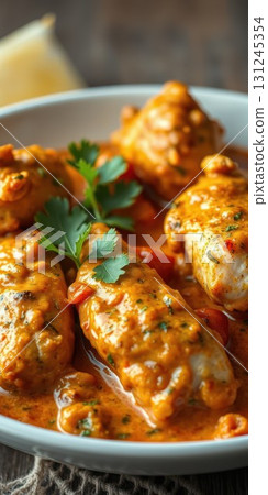 Savory chicken rolls in creamy sauce with herbs served on a plate 131245354