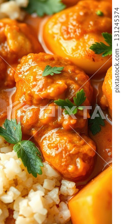 Delicious curry dish with tender chicken and fragrant rice garnished with fresh herbs 131245374