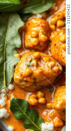 Savory dish featuring homemade dumplings in a rich sauce garnished with corn and fresh herbs Savory dish featuring homemade dumplings in a rich sauce garnished with corn and fresh herbs 131245412