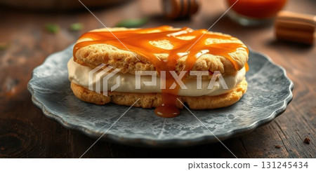 Tempting dessert with creamy filling and caramel drizzle on a rustic wooden table 131245434