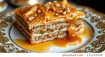 Delicious dessert featuring layers of pastry and caramel sauce served on an ornate plate 131245436