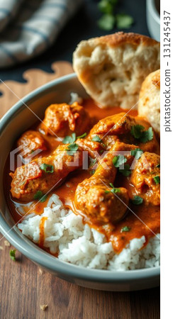 Savory chicken curry served with fluffy rice and bread on a wooden table Savory chicken curry served with fluffy rice and bread on a wooden table 131245437