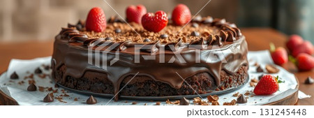 Chocolate cake decorated with strawberries and chocolate chips on a wooden table 131245448