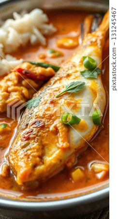 Deliciously prepared fish in rich sauce served with rice for a flavorful meal 131245467