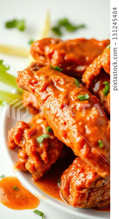 Delicious spicy chicken wings prepared with rich sauce and garnished with fresh herbs on a white plate Delicious spicy chicken wings prepared with rich sauce and garnished with fresh herbs on a white plate 131245484