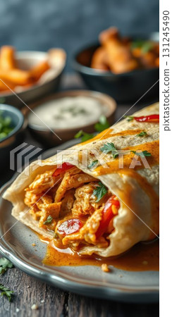 Delicious chicken burrito with vibrant toppings and side dishes in a cozy dining setting Delicious chicken burrito with vibrant toppings and side dishes in a cozy dining setting 131245490