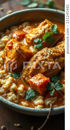 Delicious traditional dish featuring tender chicken, savory sauce, and hearty grains served in a rustic bowl 131245491