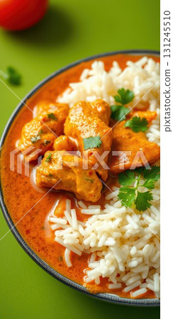 Delicious butter chicken served with fluffy white rice garnished with fresh herbs in a vibrant green setting 131245510