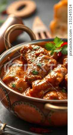 Spicy chicken curry served in a traditional bowl with herbs, showcasing vibrant colors and rich texture 131245514