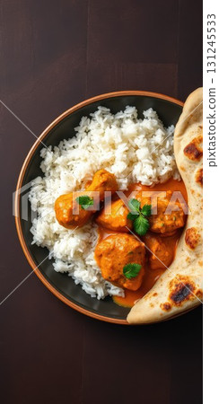 Aromatic curry dish with basmati rice and warm naan bread served in a rustic bowl 131245533