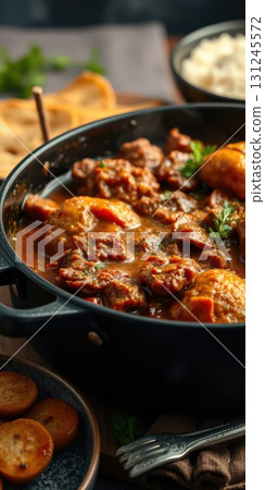 Savory beef stew served in a cast iron pot with herbs and soft dumplings on a rustic table 131245572