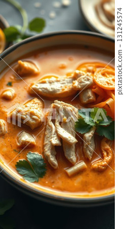 Delicious bowl of hearty chicken soup with vibrant spices and fresh herbs enjoyed in a cozy setting Delicious bowl of hearty chicken soup with vibrant spices and fresh herbs enjoyed in a cozy setting 131245574