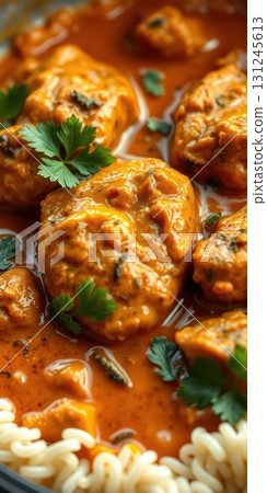 Savory chicken curry topped with fresh cilantro served with rice in a warm, inviting kitchen setting 131245613