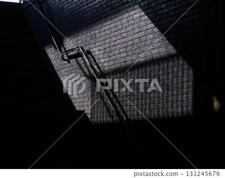 Staircase is shown in a dark room with a shadow on the wall 131245679