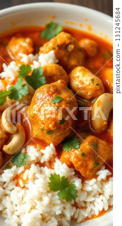 Delicious vegetarian curry served over white rice with cashews and fresh cilantro in a cozy setting 131245684