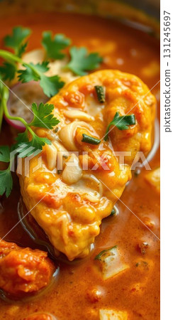 Delicious heart-shaped dumpling in rich curry sauce garnished with fresh herbs 131245697
