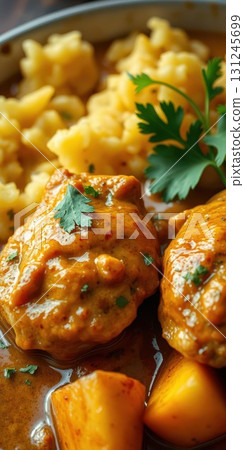 Warm and flavorful curry dish with tender meatballs and rice garnished with fresh herbs ready to be enjoyed 131245699