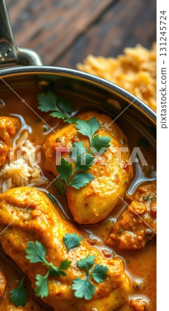 Savory chicken curry simmering in a rich sauce topped with fresh herbs served with rice on a rustic wooden table 131245724
