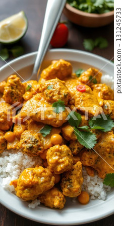 Creamy chicken curry served with rice garnished with fresh herbs and spices in a cozy dining setting Creamy chicken curry served with rice garnished with fresh herbs and spices in a cozy dining setting 131245733