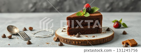 Delicious chocolate cake served on a wooden board with fresh strawberries and mint leaves Delicious chocolate cake served on a wooden board with fresh strawberries and mint leaves 131245756