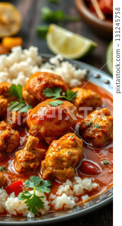 Delicious spicy chicken curry served with fluffy rice and fresh lime on a rustic wooden table 131245758