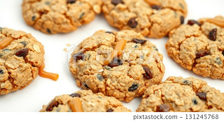 Oatmeal cookies with chocolate chips arranged on a white background ready to be enjoyed or served at a casual gathering Oatmeal cookies with chocolate chips arranged on a white background ready to be enjoyed or served at a casual gathering 131245768