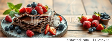 Delicious chocolate crepes topped with fresh berries served on a wooden table 131245786