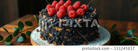 Delicious chocolate cake topped with fresh raspberries and blueberries on a wooden table Delicious chocolate cake topped with fresh raspberries and blueberries on a wooden table 131245817