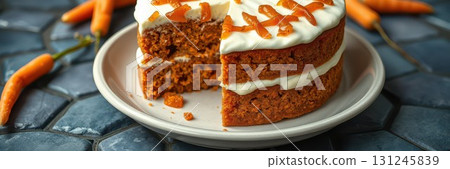Delicious carrot cake slice served on a plate with fresh carrots nearby and a stunning background 131245839