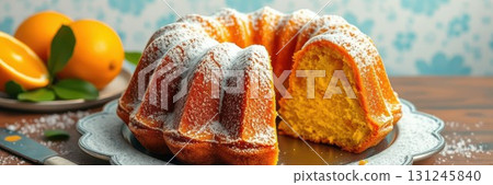 Freshly baked orange bundt cake with powdered sugar on a decorative plate in a cozy kitchen setting Freshly baked orange bundt cake with powdered sugar on a decorative plate in a cozy kitchen setting 131245840
