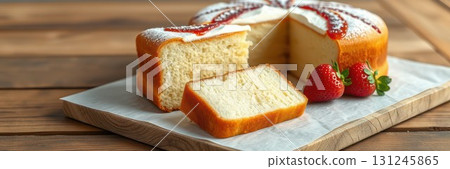 Delicious vanilla cake with fresh strawberries served on a rustic wooden table 131245865