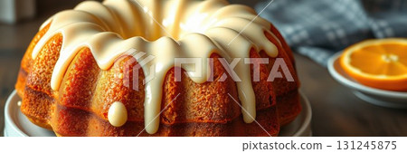 Delicious orange bundt cake with creamy glaze displayed on a white plate in a cozy kitchen setting 131245875