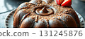 Mouthwatering chocolate cake topped with fresh strawberries and a rich chocolate drizzle prepared in a cozy kitchen setting 131245876