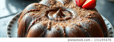 Mouthwatering chocolate cake topped with fresh strawberries and a rich chocolate drizzle prepared in a cozy kitchen setting 131245876