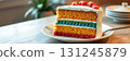 Colorful layered cake with vibrant frosting and fresh berries on a dining table 131245879