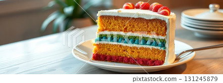 Colorful layered cake with vibrant frosting and fresh berries on a dining table 131245879