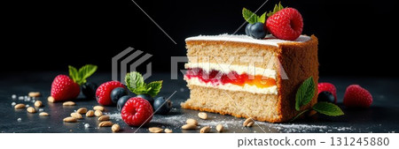 Delicious layer cake with fresh berries and mint on a dark background surrounded by nuts and sugar 131245880