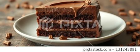 Delicious chocolate cake layered with creamy frosting served on a white plate in a cozy setting 131245881
