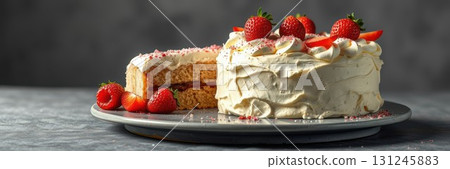 Deliciously crafted cake decorated with fresh strawberries served on a grey surface for a perfect dessert experience 131245883