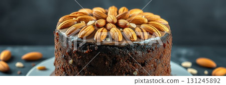 Delicious chocolate almond cake decorated with roasted nuts and shimmering glaze 131245892