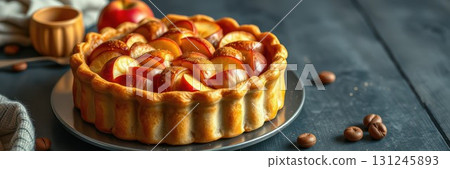 Freshly baked apple tart with golden crust and apple slices on display in a cozy kitchen setting 131245893