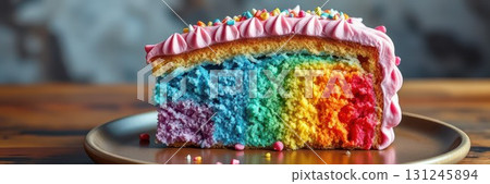 Colorful rainbow cake slice with vibrant layers on a wooden plate surrounded by sprinkles 131245894