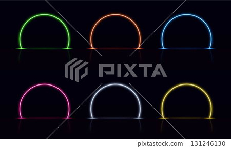 Light neon arch door different colors glowing on dark background, round led luminous portals, futuristic circle gates Light neon arch door different colors glowing on dark background, round led luminous portals, futuristic circle gates 131246130